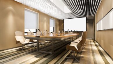Sala de reuniões de negocios com renderização 3d em predio de escritorios