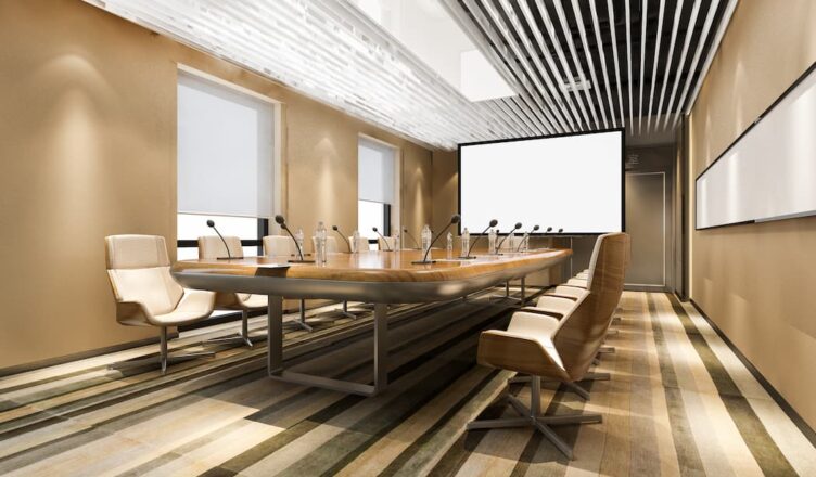 Sala de reuniões de negocios com renderização 3d em predio de escritorios
